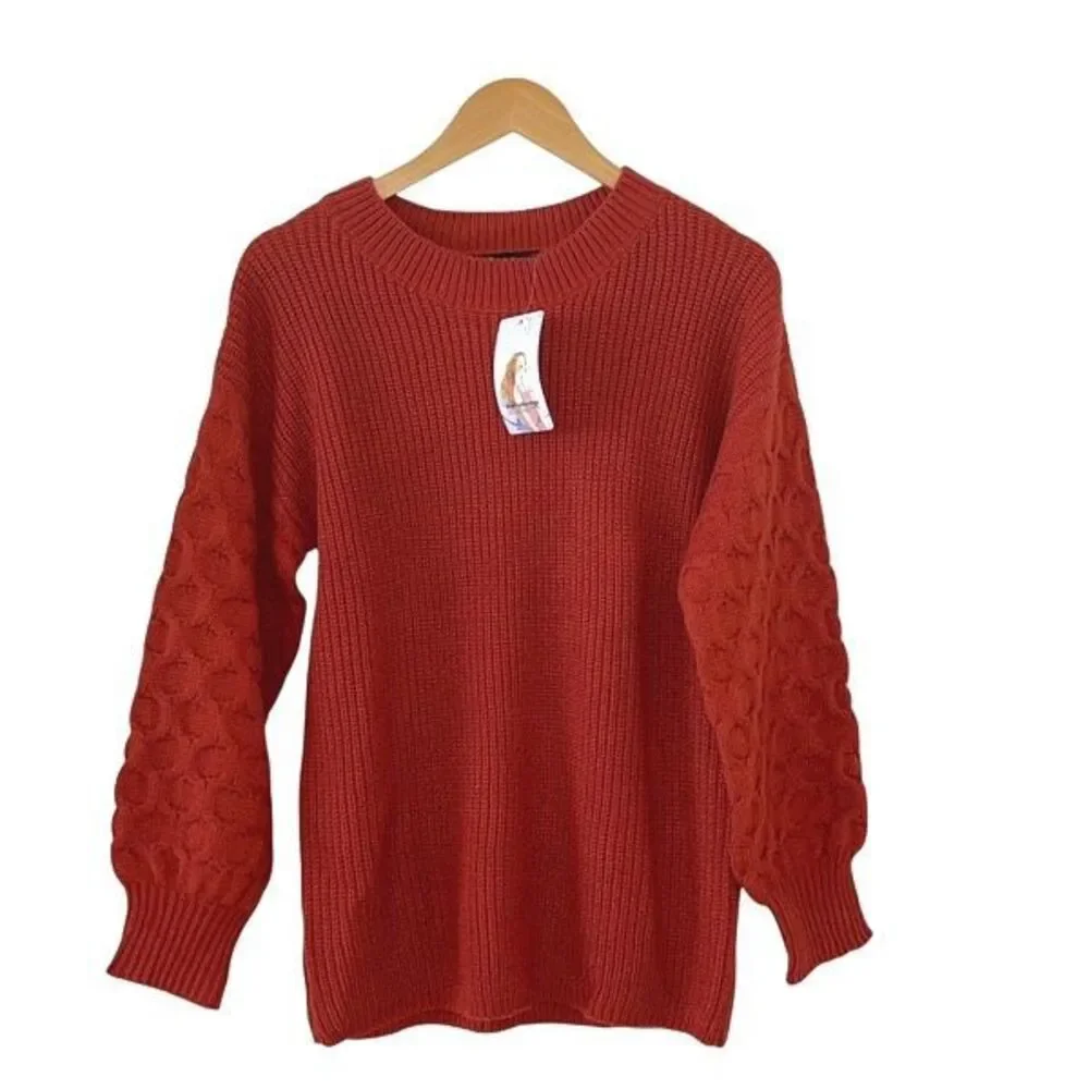 Pretty Garden Womens Cable Knit Sleeve Ribbed Pullover Sweater‎ Rust Small NWT